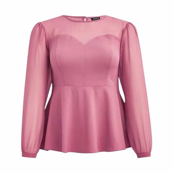 torrid Tops - Torrid Peplum Crepe Mesh Inset Long Sleeve Blouse Sz 0X 12 L Rose Pink